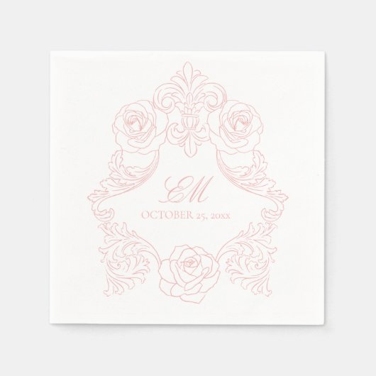 Serviette En Papier Rococo Crest Monogramme Mariage rose Logo (Devant)