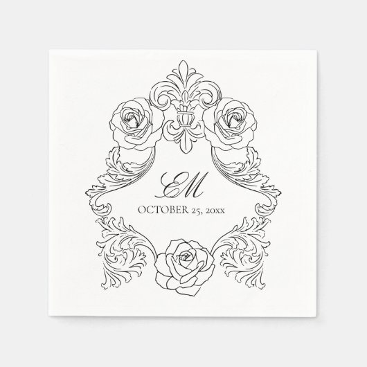 Serviette En Papier Rococo Crest Monogramme noir & blanc Logo Mariage (Devant)