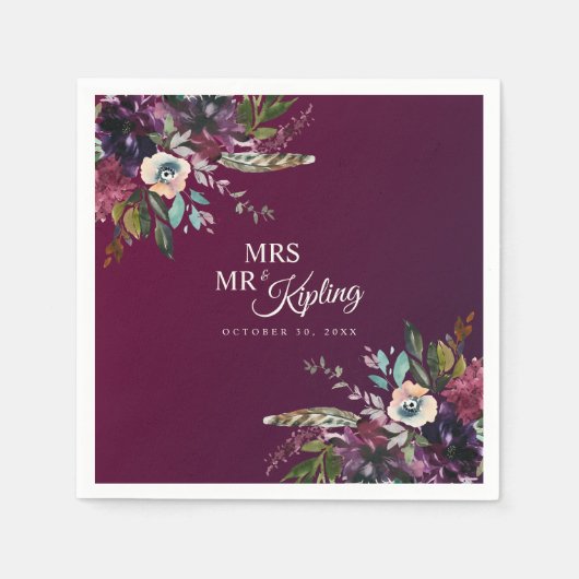 Serviette En Papier Romantic Bourgogne Floral Mr & Mrs Mariage (Devant)