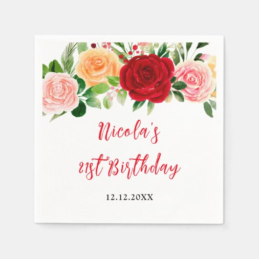 Serviette En Papier Romantic Roses Floral Birthday (Devant)