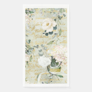 Serviette En Papier Romantique Blanc vert et or Botanique Floral
