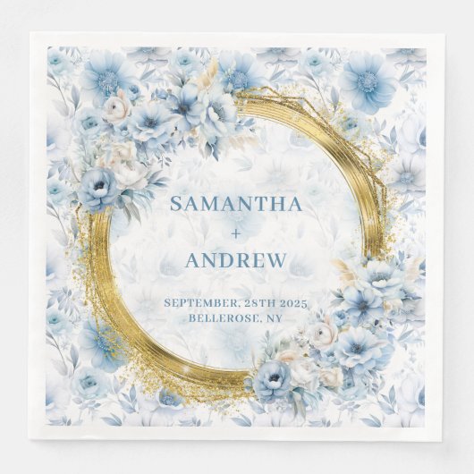 Serviette En Papier Romantique Bohème Dusty Blue or Accent Mariage (Devant)