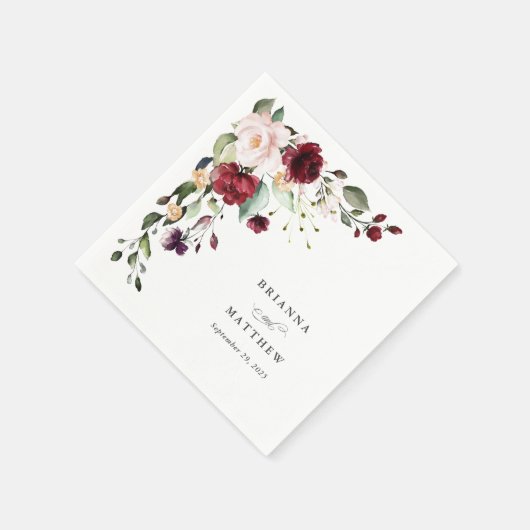 Serviette En Papier Romantique Bourgogne Blush Plum Vert Mariage Flora (Coin)