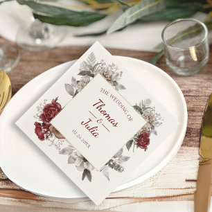 Serviette En Papier Romantique Bourgogne & Mariage Floral Argent