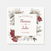 Serviette En Papier Romantique Bourgogne & Mariage Floral Argent (Devant)