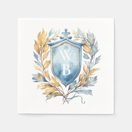 Serviette En Papier Romantique Classique Bleu Monogramme Crest Mariage (Devant)