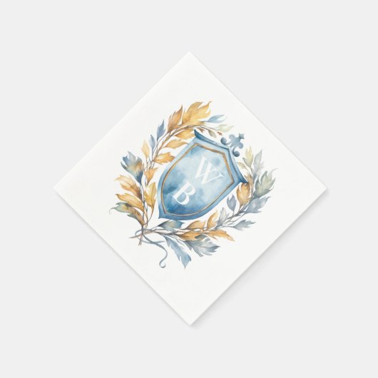 Serviette En Papier Romantique Classique Bleu Monogramme Crest Mariage (Coin)