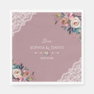 Serviette En Papier Romantique Dusty bleu Dusty Rose Fleurs Mariage