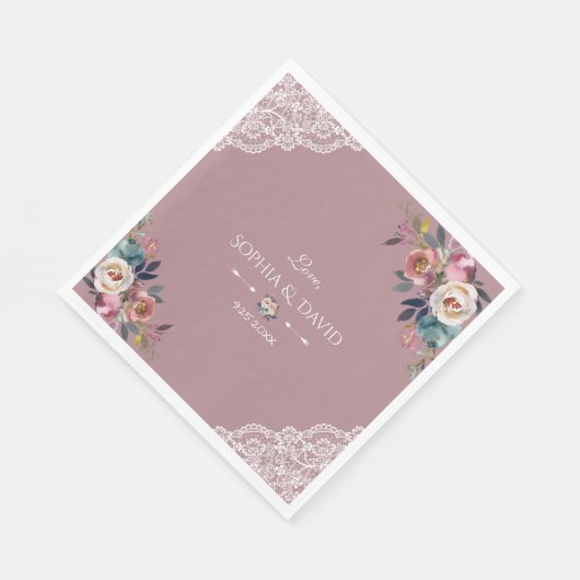 Serviette En Papier Romantique Dusty bleu Dusty Rose Fleurs Mariage (Coin)