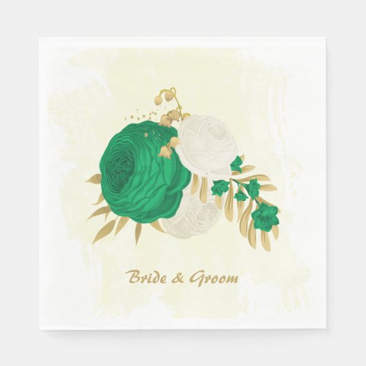 Serviette En Papier Romantique émeraude vert & fleurs blanches or (Devant)