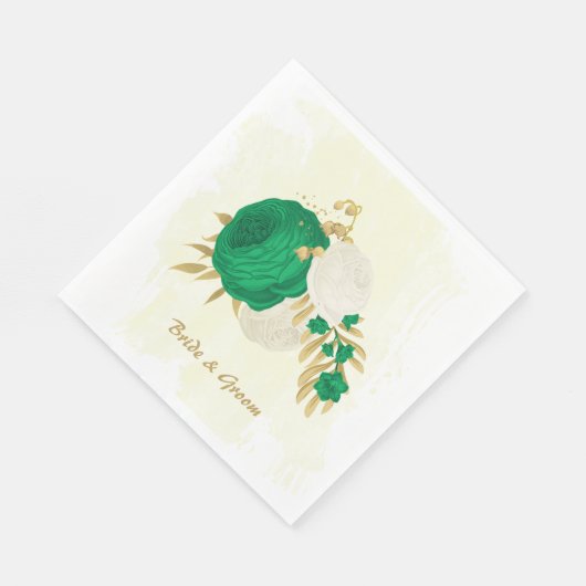 Serviette En Papier Romantique émeraude vert & fleurs blanches or (Coin)