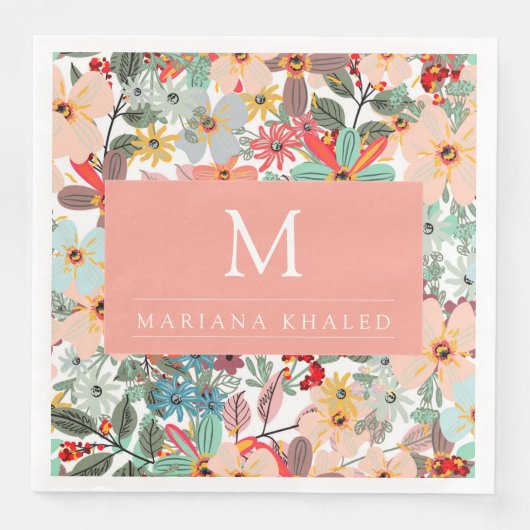 Serviette En Papier Romantique Floral doux rose vert pêche classique (Devant)