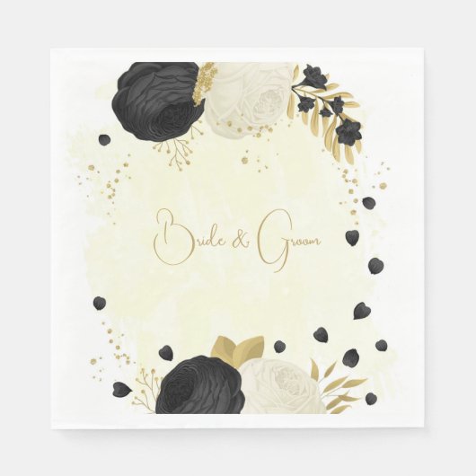 Serviette En Papier Romantique noir & blanc fleurs or mariage (Devant)