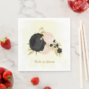 Serviette En Papier Romantique noir & fleurs roses or