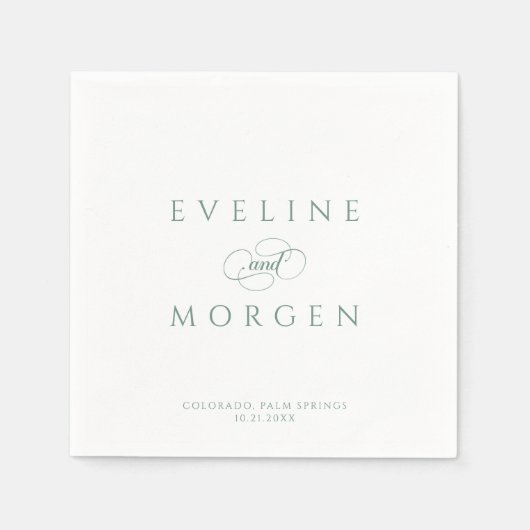 Serviette En Papier Romantique Personnalisable Vert Mariage Typographi (Devant)
