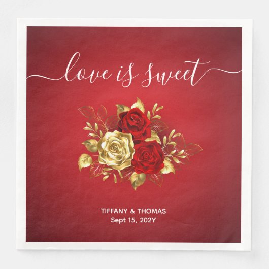 Serviette En Papier Romantique Red & Gold Rose Dîner Mariage Napkins (Devant)