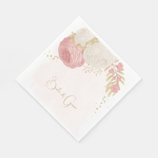 Serviette En Papier Romantique rose & fleurs blanches or (Coin)
