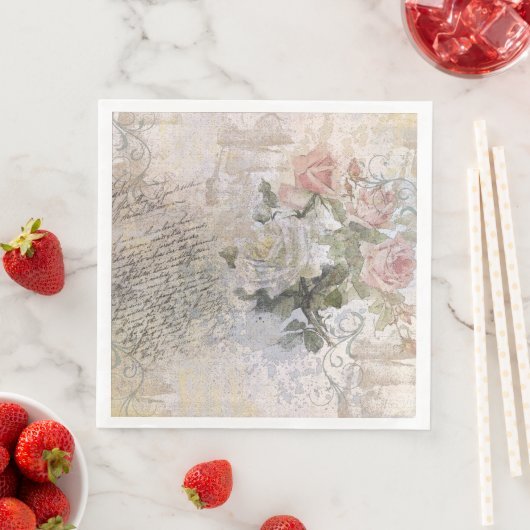 Serviette En Papier Romantique Rose Florals Vieux découpage manuscrit (En situation)
