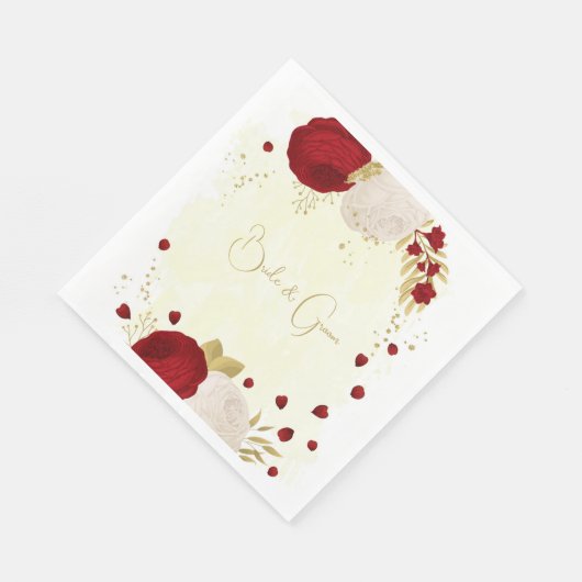 Serviette En Papier Romantique rouge foncé & fleurs blanches or (Coin)