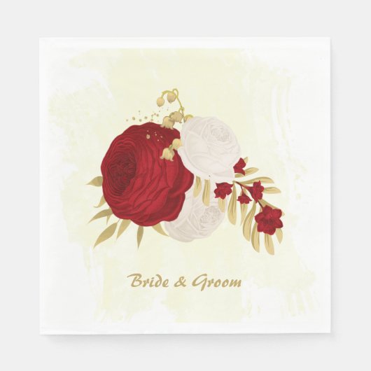 Serviette En Papier Romantique rouge foncé & fleurs blanches or (Devant)