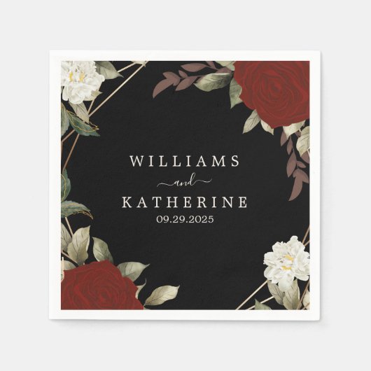 Serviette En Papier Romantique rouge rose profond Floral hiver noir ma (Devant)