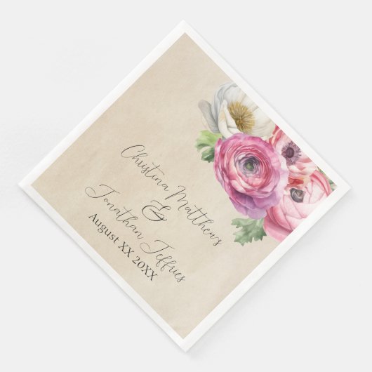 Serviette En Papier Romantique Rustique rose & blanc Ranunculus (Coin)