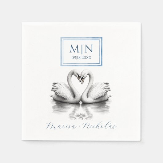 Serviette En Papier Romantique Swan Mariage serviettes Monogramme bleu (Devant)