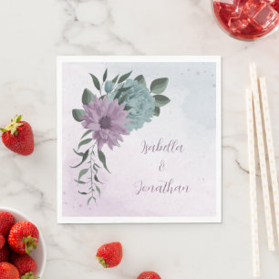 Serviette En Papier romantique violet poussiéreux et fleurs bleu