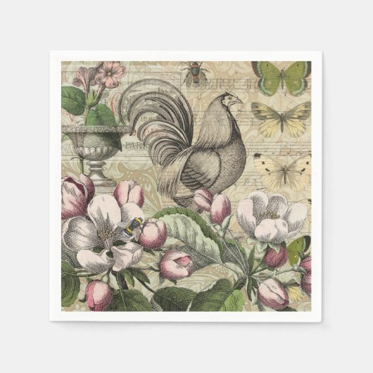 Serviette En Papier Rooster Garden Flower Papillon Art (Devant)