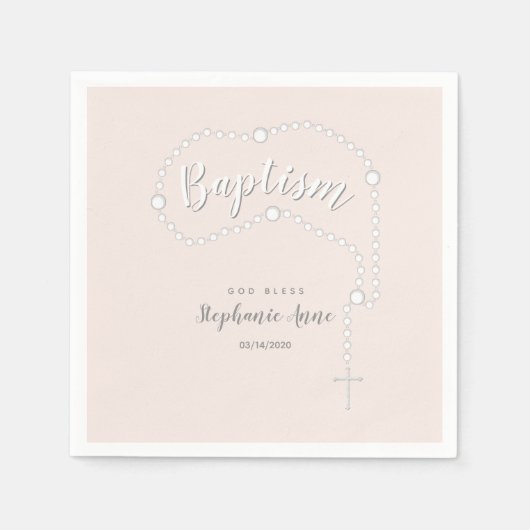 Serviette En Papier Rosaire du baptême sur rose (Devant)