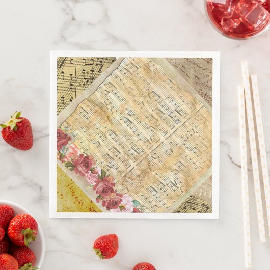 Serviette en papier Rose Antique et Notes de Musiq (En situation)