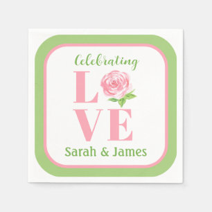 Serviette En Papier Rose aquarelle LOVE NOM Mariage Vert