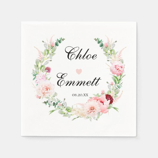Serviette En Papier Rose Blanc Floral Coeur Romantique Mariage serviet (Devant)