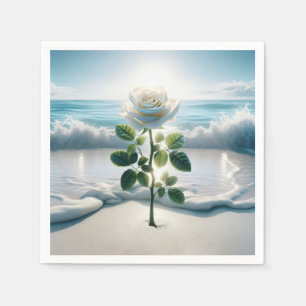 Serviette En Papier Rose Blanche Dans Le Sable De Plage