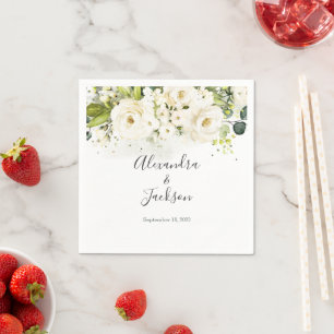 Serviette En Papier Rose blanche et Mariage or Napkin