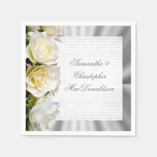 Serviette En Papier Rose blanche florale et argent mariage (Devant)