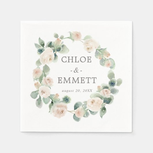 Serviette En Papier Rose blanche Mariage Eucalyptus (Devant)