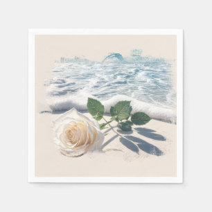 Serviette En Papier Rose Blanche Sur Sable De Plage