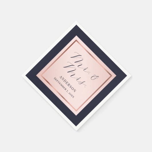 Serviette En Papier Rose bleu bleu marine Gold Elegant Script Mariage (Coin)