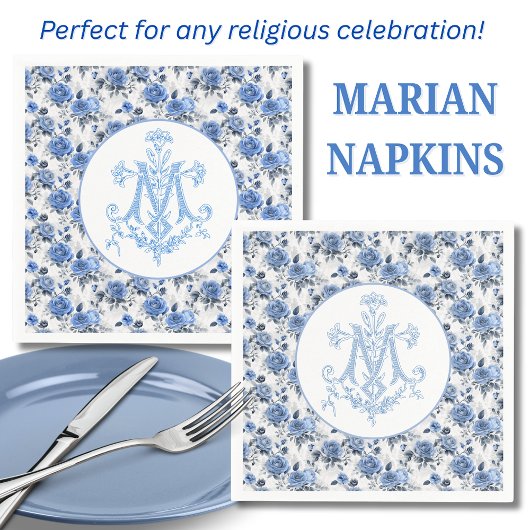 Serviette En Papier Rose bleu Floral Marian Cross Religieux Marie