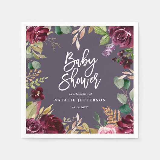 Serviette En Papier Rose, bordeaux + fig aquarelle floral et script (Devant)