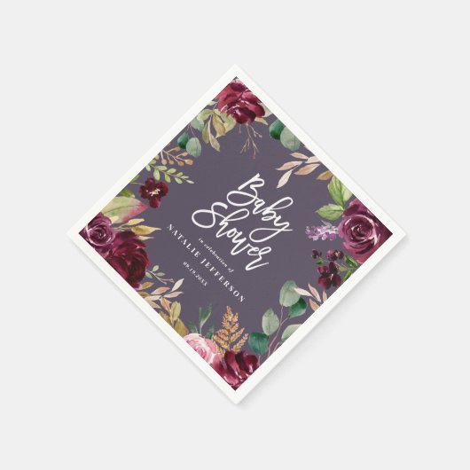 Serviette En Papier Rose, bordeaux + fig aquarelle floral et script (Coin)