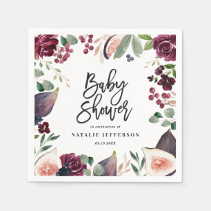 Serviette En Papier Rose, bordeaux + fig aquarelle floral et script