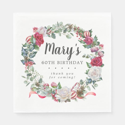 Serviette En Papier Rose Botanique d'hiver 60e anniversaire Elégant (Devant)