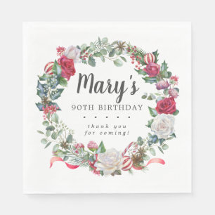 Serviette En Papier Rose Botanique d'hiver 90e anniversaire Elégant