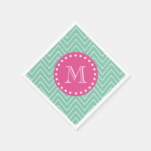 Serviette En Papier Rose Chaud, Chevron Vert Menthe   Votre monogramme