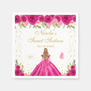 Serviette En Papier Rose Chaude Florale Cheveux Blonds Princesse Sweet