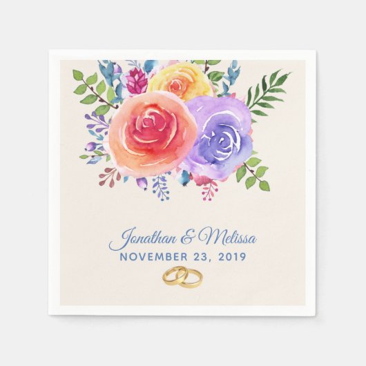 Serviette En Papier Rose coloré aquarelle Mariage floral (Devant)