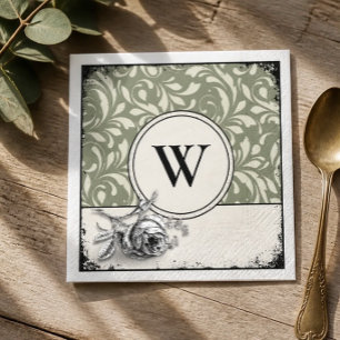 Serviette En Papier Rose damasque vert sauge monogramme gothique