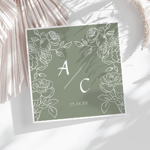 Serviette En Papier Rose de mariage vert sauge couple monogramme flora